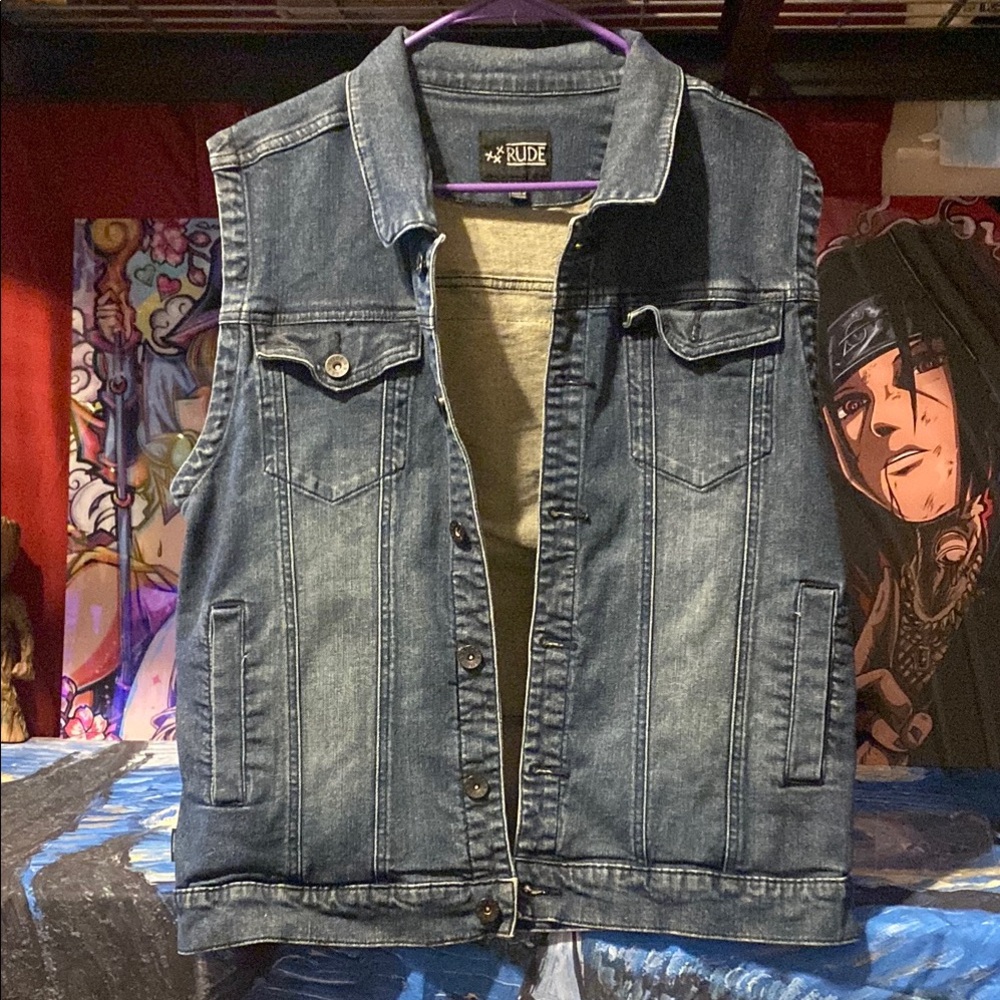 Rude Blue Denim Vest for Men skull back
